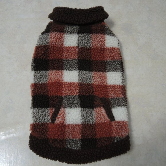 Dog Thick Fleece Coat w/ Pockets Rust Red, Brown & Ivory Check Pattern Size S/M - Picture 14 of 14